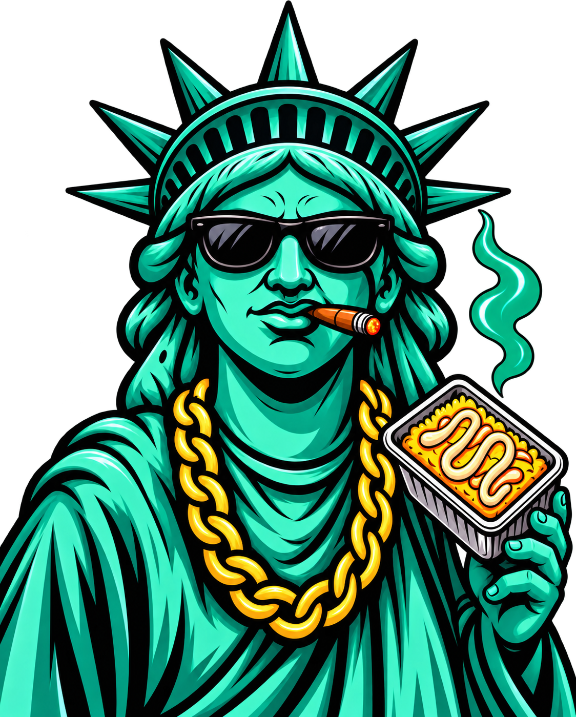Illustration de la Statue de la Liberté avec lunettes, cigare et plat Notorious